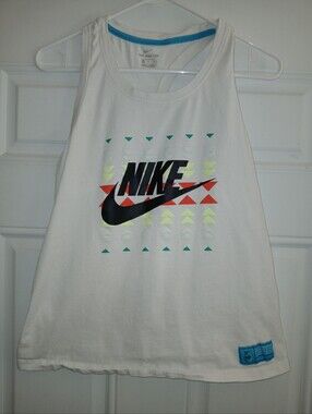 Womens Nike Dri-Fit N7 White Athletic Sleeveless Graphic Tank Top Shirt Size Med
